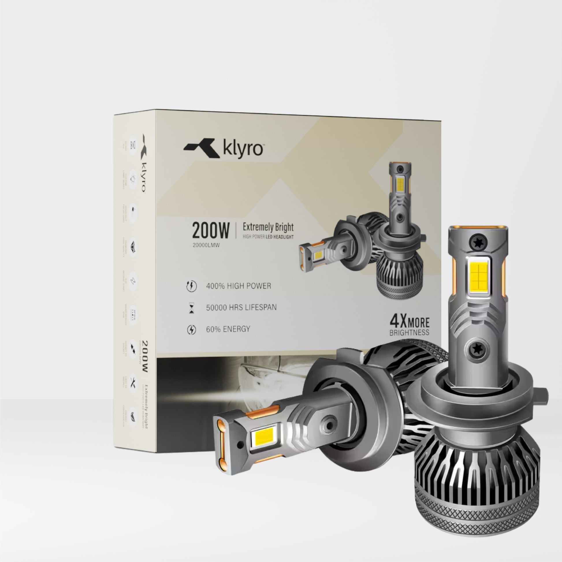 Klyro 200W Car LED Headlight Bulbs 20000LM 4300K Warm White | 3570 CSP Chip | IP68 | Dual Copper Cooling | 9V–32V | Pack of 2