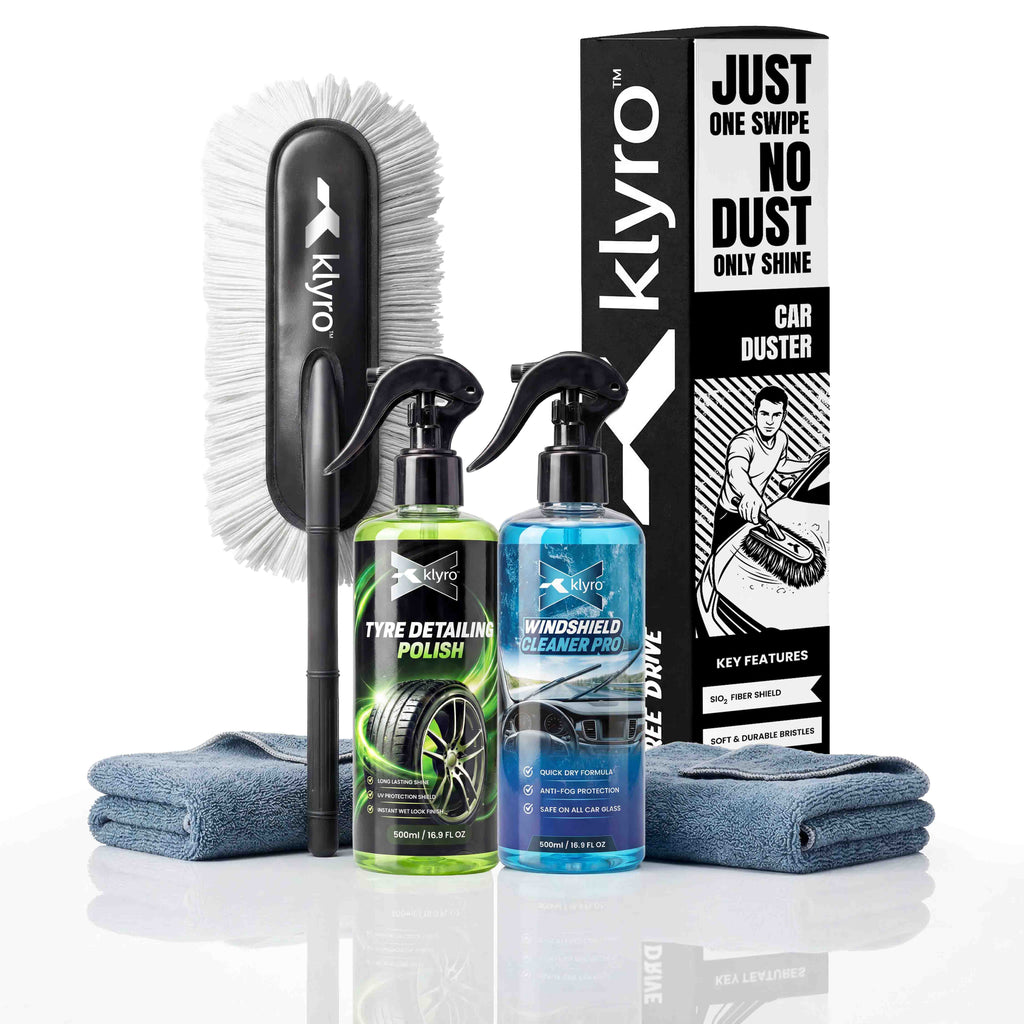 Klyro Ultimate Car Cleaning Kit – Microfiber, Duster, Tyre Polish & Glass Cleaner