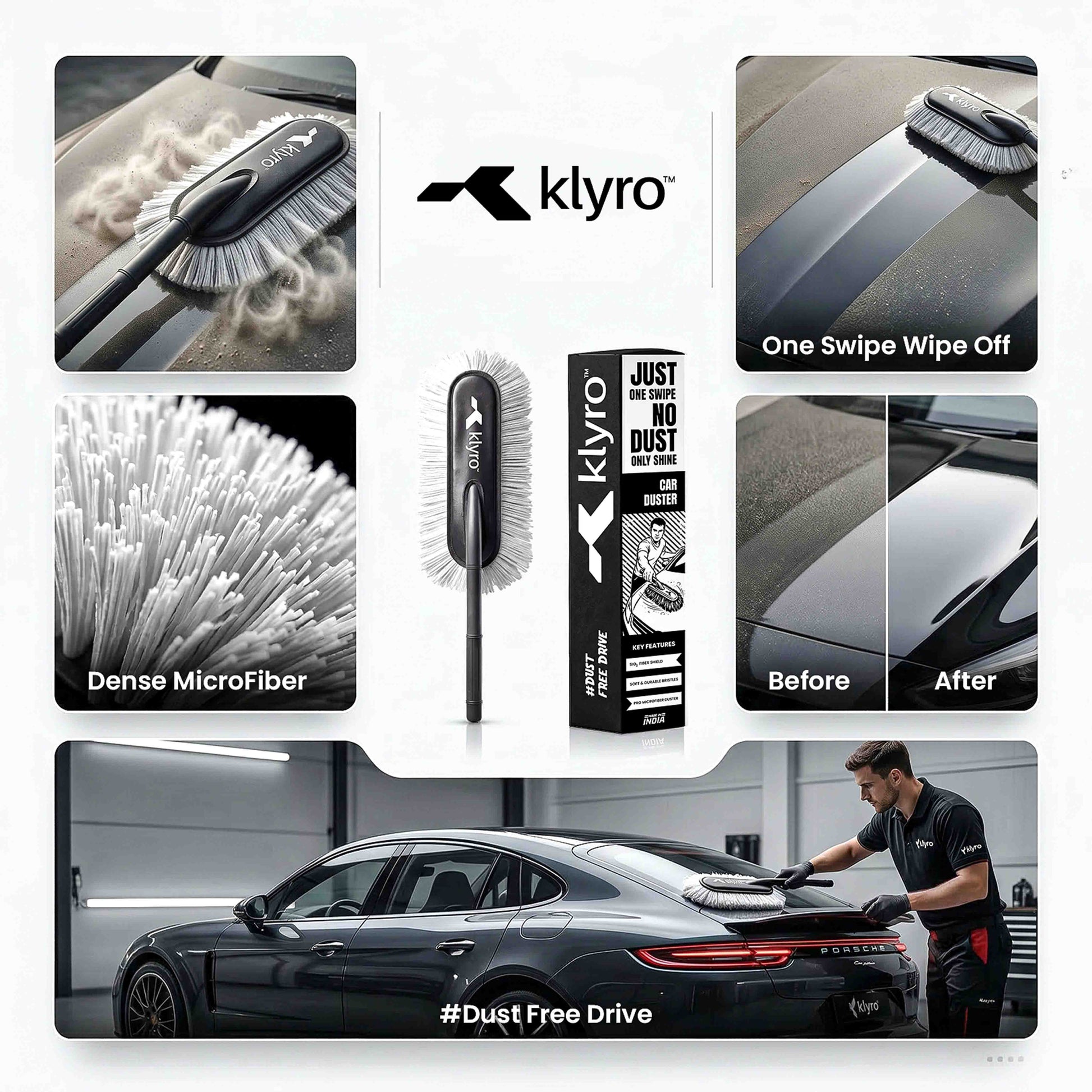 Klyro Ultimate Car Cleaning Kit – Microfiber, Duster, Tyre Polish & Glass Cleaner